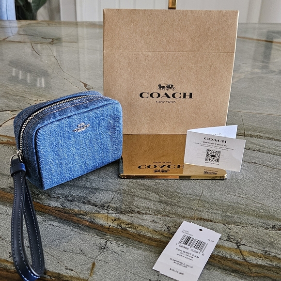 Coach Denim Wristlet With Box. NWT